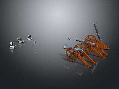 Weapon Components Including Orange Wheeled Parts And Small Metal Pieces On Gray Reflective Surface 3d model
