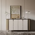 Modern Entryway Console Cabinet With Green Plant Table Lamp Decorative Painting And Metal Frame