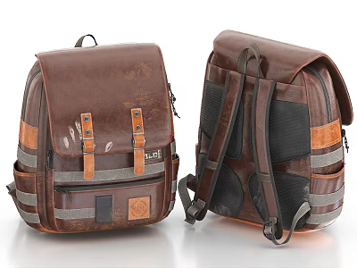 Vintage Brown Backpack Design With Two Front And Back View Straps And Pockets 3d model