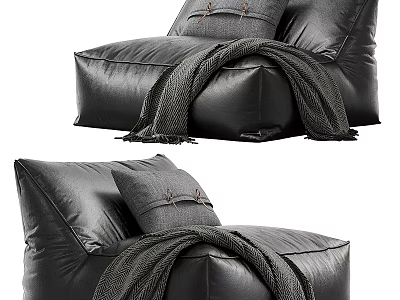Stylish Modern Black Leather Single Sofa With Decorative Pillow And Cozy Blanket 3d model