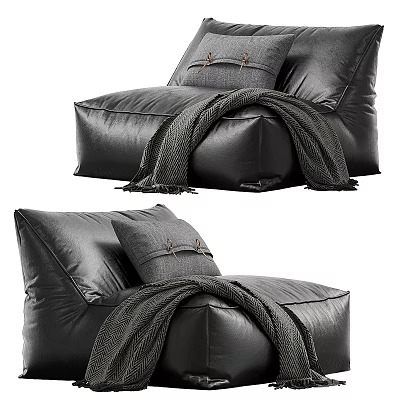 Stylish Modern Black Leather Single Sofa With Decorative Pillow And Cozy Blanket 3d model