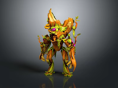 Mystical Tree Based Game Movie Character With Wooden Body Green Vines And Colorful Flowers 3d model