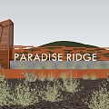Red Paradise Ridge Feature Wall With Textured Design Surrounding Plants And Green Hills