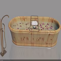 Bathroom Hinged Door Design With Wooden Bathtub Flower Petals And Faucet