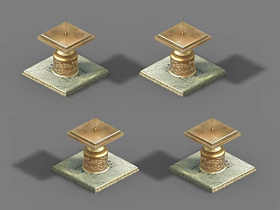 Four Decorative Golden Square Bases Featuring Carved Patterns And Symmetrical Layout 3d model