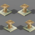 Four Decorative Golden Square Bases Featuring Carved Patterns And Symmetrical Layout