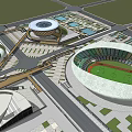 Modern Sports Stadium Complex With Green Lawn Track And Surrounding Plaza Buildings