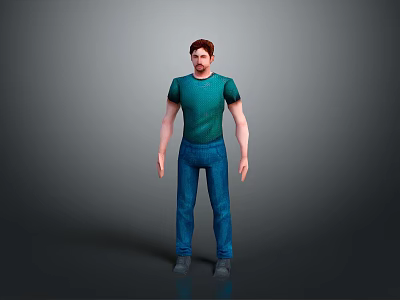 A Man Wearing Green T-shirt Blue Jeans And Gray Shoes On Gray Background 3d model