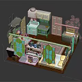 Cartoon Style Cozy Interior Scene With Stained Glass Windows Sofa Bookshelf Cabinets Plants And Appliances