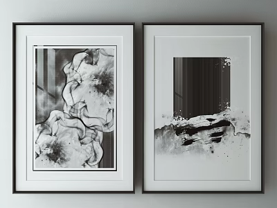 Two Framed Black And White Abstract Artworks With Brushstrokes And Lines 3d model