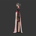 Traditional Hanbok Long Dress With Wide Sleeves Colorful Patterned Fabric And Pink Ribbon Belt
