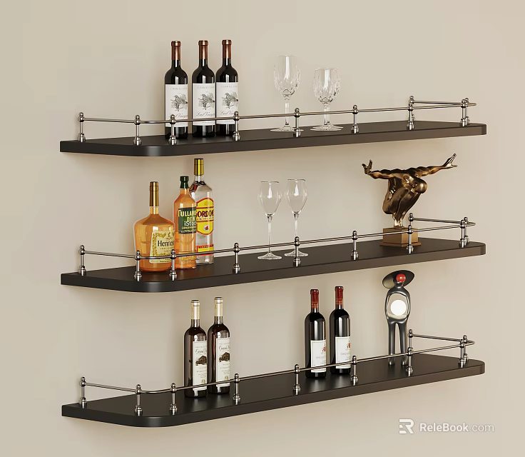 Wall Mounted Black Shelves With Red Wine Bottles Wine Glasses And Deer Decor 3d model 