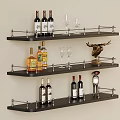 Wall Mounted Black Shelves With Red Wine Bottles Wine Glasses And Deer Decor