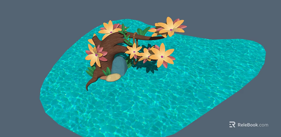 Microlandscape with Blue Water Area and Tree Branch Featuring Yellow Pink Flowers and Green Leaves 3d model 