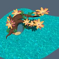 Microlandscape with Blue Water Area and Tree Branch Featuring Yellow Pink Flowers and Green Leaves