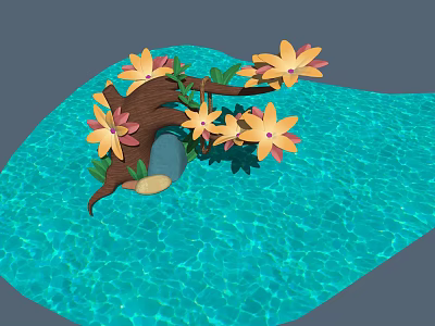 Microlandscape with Blue Water Area and Tree Branch Featuring Yellow Pink Flowers and Green Leaves 3d model
