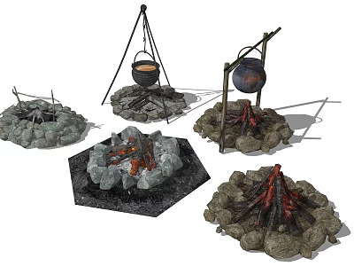 Garden Ornaments Featuring Stone Fire Pits Hanging Cauldrons and Rustic Bonfire Designs 3d model