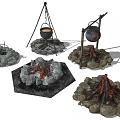 Garden Ornaments Featuring Stone Fire Pits Hanging Cauldrons and Rustic Bonfire Designs