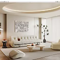 Modern Living Room Interior With Cream Sofa Coffee Table Round Ceiling Light And Decorative Painting