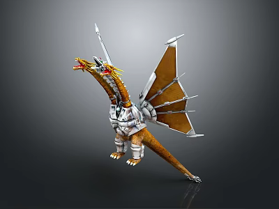 Mechanical Dragon Mythical Creature 3D Model With Armored Body Orange Wings And Metallic Parts 3d model
