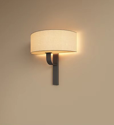 Elegant Wall Lamp with Beige Fabric Shade and Black Metal Bracket on Light Wall 3d model