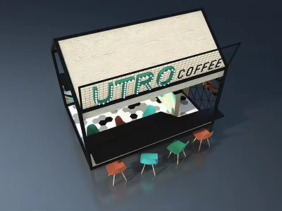 Artistic Landscape Sculpture For UTRO COFFEE With Wooden Roof And Colorful Chairs 3d model