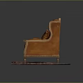 Multi Person Orange Leather Sofa With Carved Wooden Armrests And Patterned Carpet