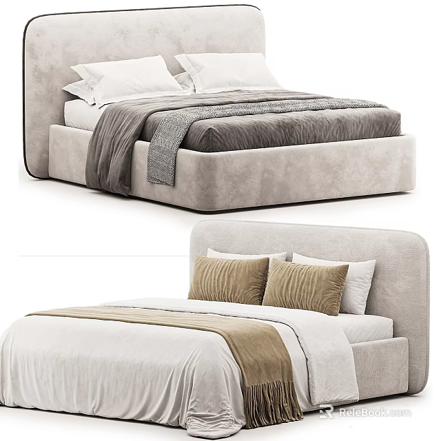 Modern Double Bed With Soft Upholstered Headboard And Neutral Bedding Sets 3d model 