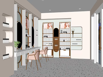 Elegant Beauty Store Interior With Display Shelves Mirrors Chairs And Cosmetic Products 3d model