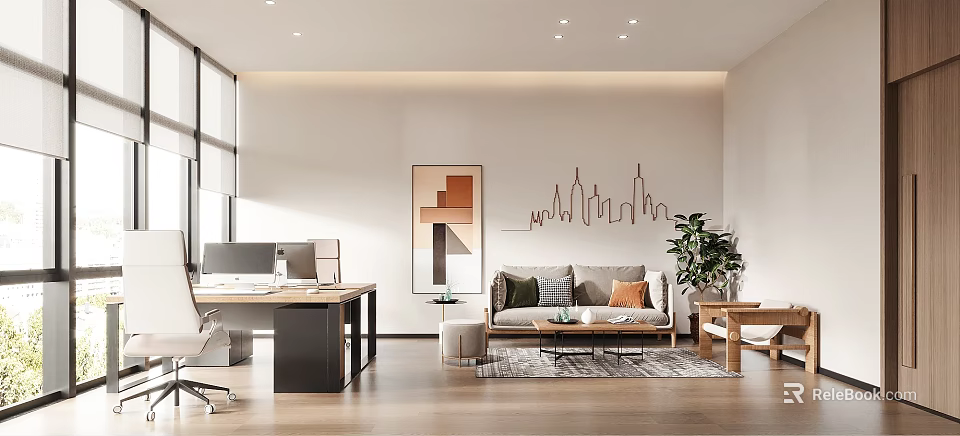 Modern Office Interior with Work Desk Computer Sofa Pillows and City Skyline Decor 3d model