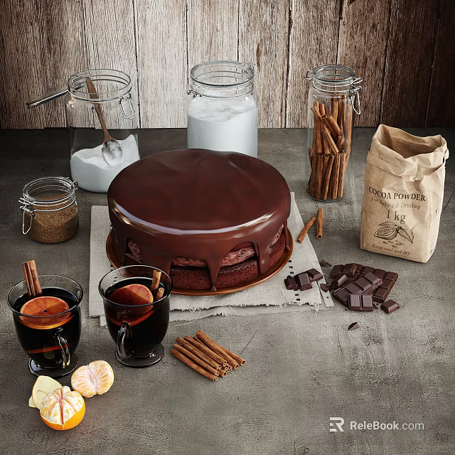 Indulgent Chocolate Cake with Glossy Ganache Chocolate Chunks and Cinnamon Sticks Served with Hot Drinks 3d model 