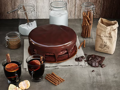 Indulgent Chocolate Cake with Glossy Ganache Chocolate Chunks and Cinnamon Sticks Served with Hot Drinks 3d model