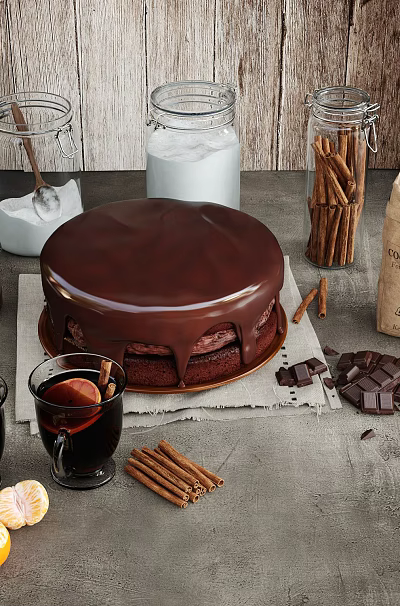Indulgent Chocolate Cake with Glossy Ganache Chocolate Chunks and Cinnamon Sticks Served with Hot Drinks 3d model
