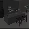 Modern Kitchen Bar Counter With Gray Countertop And Black Bar Stools And Cabinets