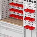 Public Facility Storage Cabinets in Black Blue White with Open Cabinet Red Tools and Shelves