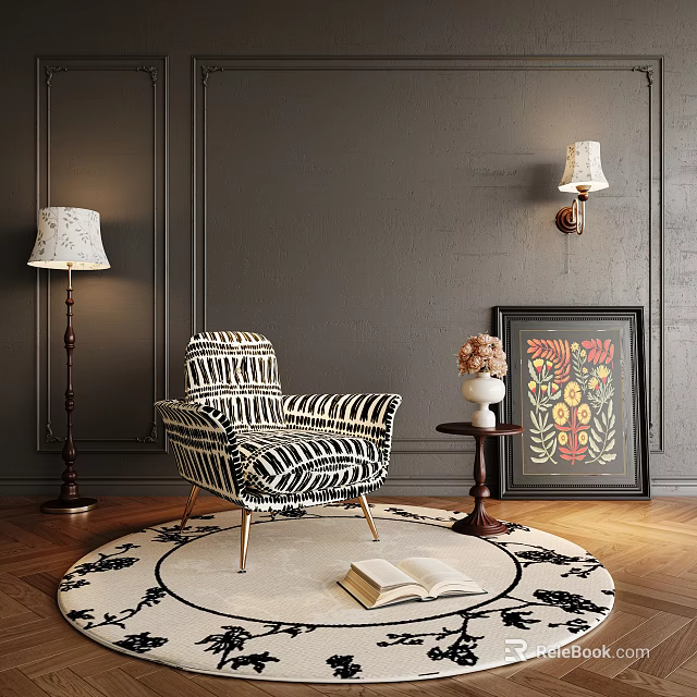 Black White Striped Accent Chair With Metal Legs Round Rug Floor Lamp And Decorative Artwork 3d model 