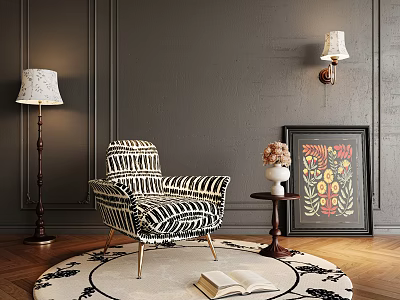 Black White Striped Accent Chair With Metal Legs Round Rug Floor Lamp And Decorative Artwork 3d model