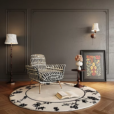 Black White Striped Accent Chair With Metal Legs Round Rug Floor Lamp And Decorative Artwork 3d model