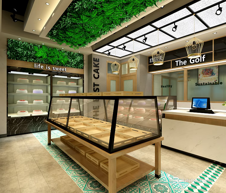 Sweet Dessert Shop Interior With Green Plant Ceiling Glass Display Cases And Counter 3d model 
