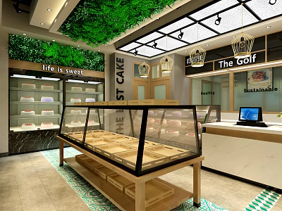 Sweet Dessert Shop Interior With Green Plant Ceiling Glass Display Cases And Counter 3d model