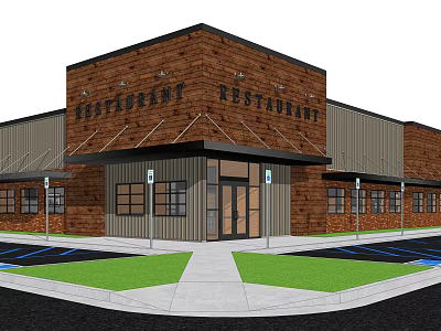 Brick Restaurant Exterior With Awning Windows Front Entrance And Lawn Area 3d model