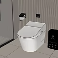 Modern Bathroom Interior With Smart Toilet Shower Enclosure Vertical Striped Wall And Light Tiled Floor