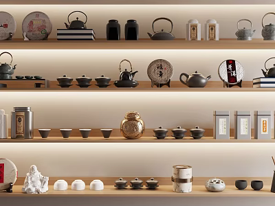 Traditional Tea Set Display with Teapots Teacups and Canisters on Wooden Shelves 3d model