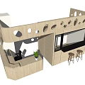 Modern Wooden Reception Desk With Circular Cutouts Bar Stools And Potted Plant Interior Design