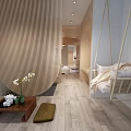 Modern Hotel Room Interior With Wooden Curved Walls Bed Decorative Carpet Artwork and Pendant Light