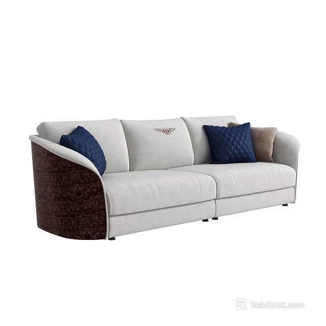 Light Colored Two Seater Sofa With Dark Brown Textured Armrests And Decorative Pillows 3d model