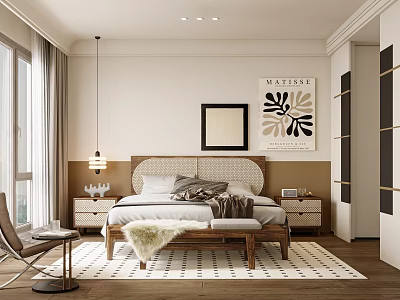 Elegant Modern Bedroom Interior Design With Wooden Bed Nightstands Rug Accent Chair And Wall Art 3d model