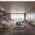 Modern Living Room Interior With Large Windows Bookshelves Sofa And Fireplace