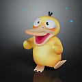 Cute Yellow Duck With Big Eyes 3D Cartoon Character And Blue Bubbles