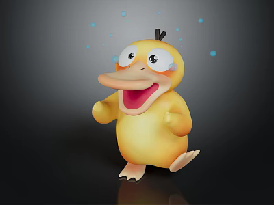 Cute Yellow Duck With Big Eyes 3D Cartoon Character And Blue Bubbles 3d model